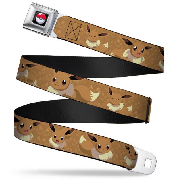 Poke Ball Full Color Black Seatbelt Belt - Eevee Expression Poses Tans Webbing