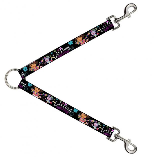 Dog Leash Splitter - Dora & Boots Pose/Floral LET'S PLAY!/VAMOS A JUGAR! Black/White/Multi Color