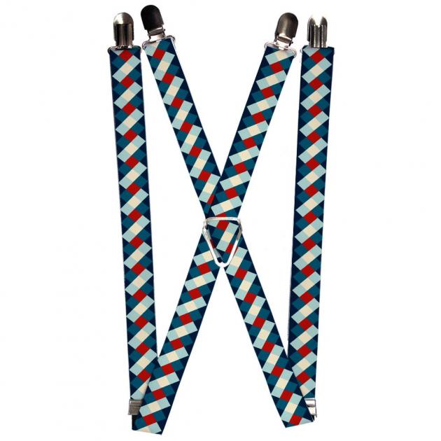 Suspenders - 1.0" - Diamond Plaid Blues/Khaki/Red