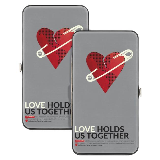 Hinged Wallet - LOVE HOLDS US TOGETHER/Safety Pin Heart Grays/Red/Black
