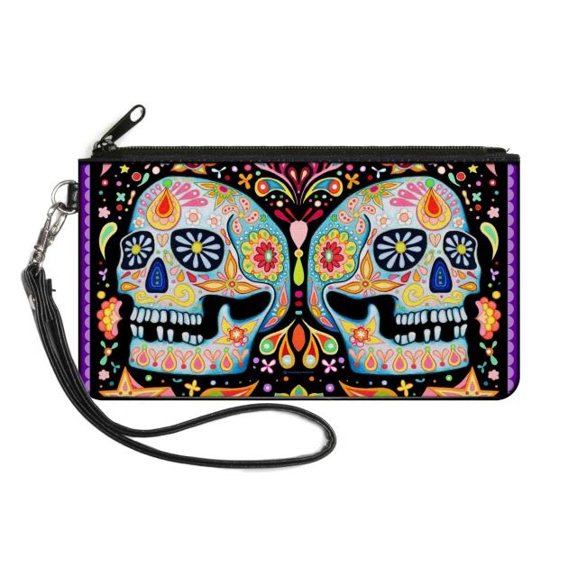 Canvas Zipper Wallet - SMALL - Twin Calaveras/Floral Collage Black/Multi Color