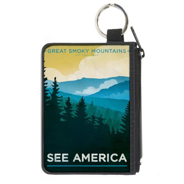 Canvas Zipper Wallet - MINI X-SMALL - SEE AMERICA-NC GREAT SMOKY MTNS. Landscape Yellows/Blues/White