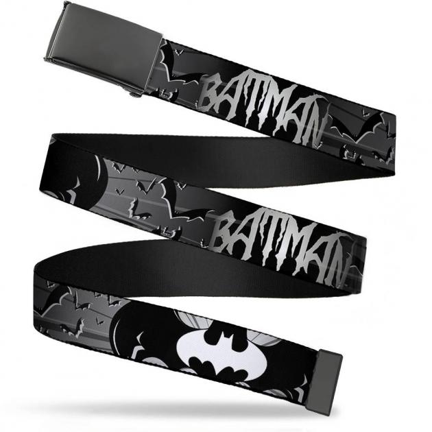 Blank Black 1.5" BO Buckle - BATMAN w/Bat Signals & Flying Bats Black/White Webbing