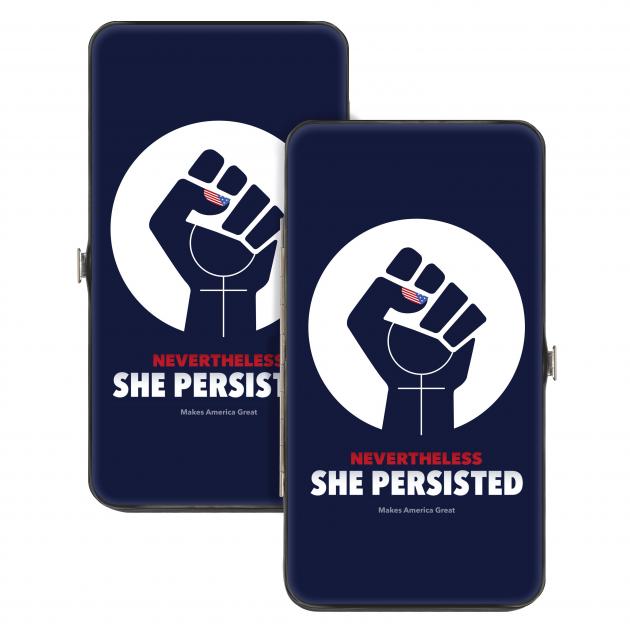Hinged Wallet - NEVERTHELESS SHE PERSISTED-MAKES AMERICA GREAT/Fist Icon Blue/White/Red