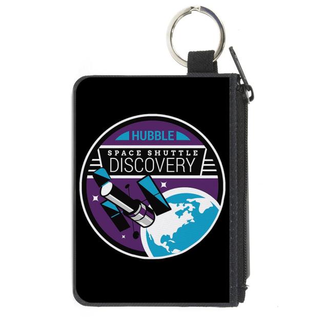 Canvas Zipper Wallet - MINI X-SMALL - SPACE SHUTTLE DISCOVERY Hubble Telescope Black/White/Purple/Blue