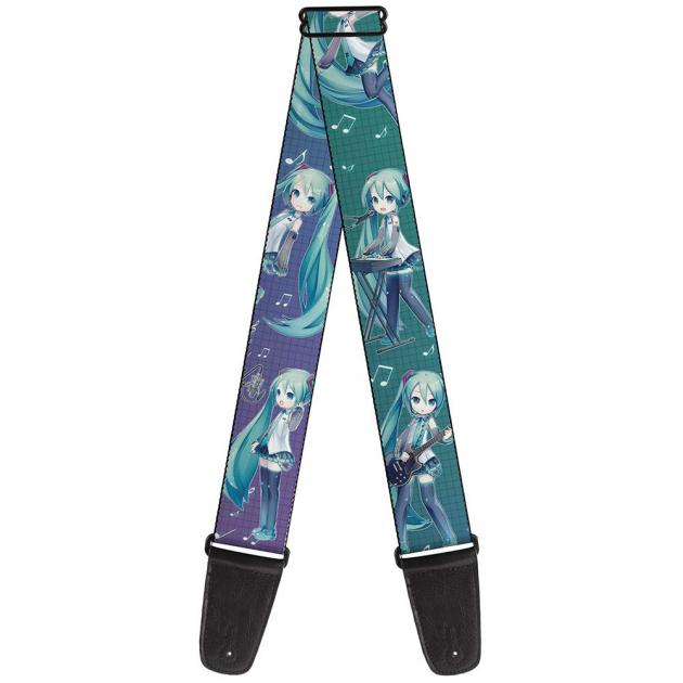 Guitar Strap - Chibi Hatsune Miku Poses/Music Notes/Grid Aqua-Lavender Fade