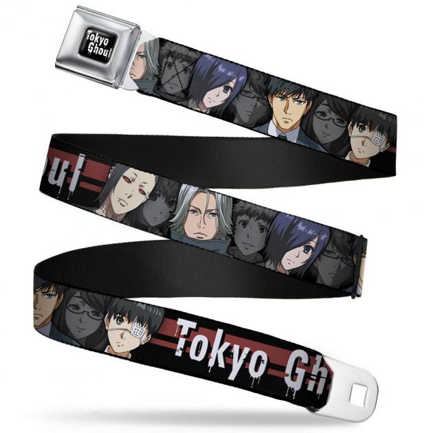 TOKYO GHOUL Full Color Black/White Seatbelt Belt - TOKYO GHOUL 9-Character Faces Stripe Black/Red/White Webbing