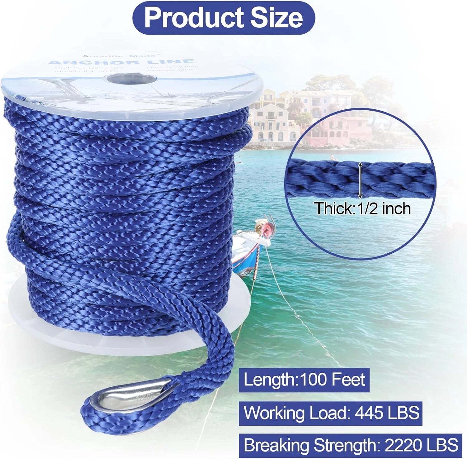 1/2" x 100 FT Braided Anchor Rope for Boat (MFP)