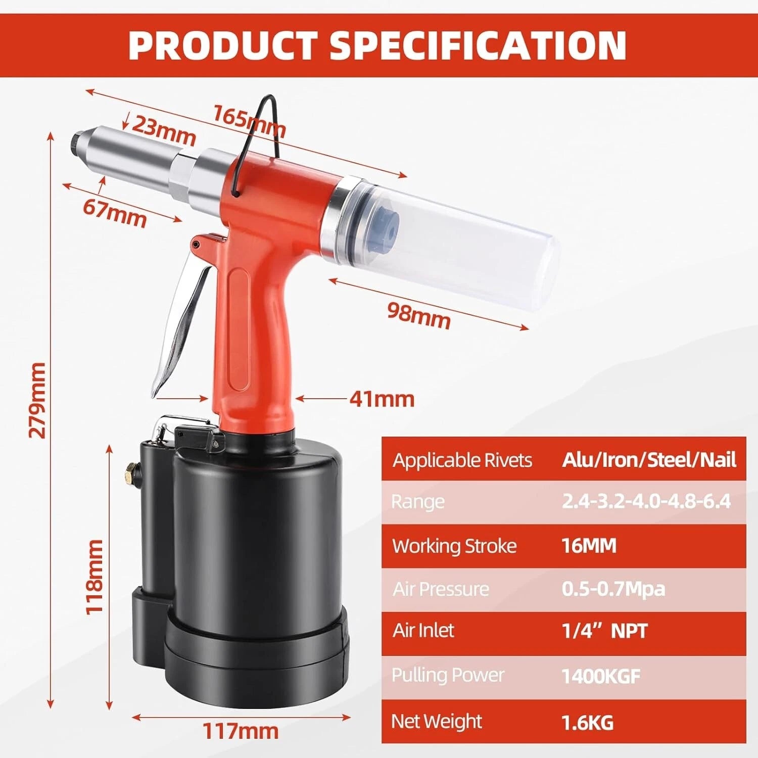 Pneumatic Air Hydraulic Pop Rivet Gun for Universal Use (1/4", 3/16", 5/32", 1/8", 3/32")