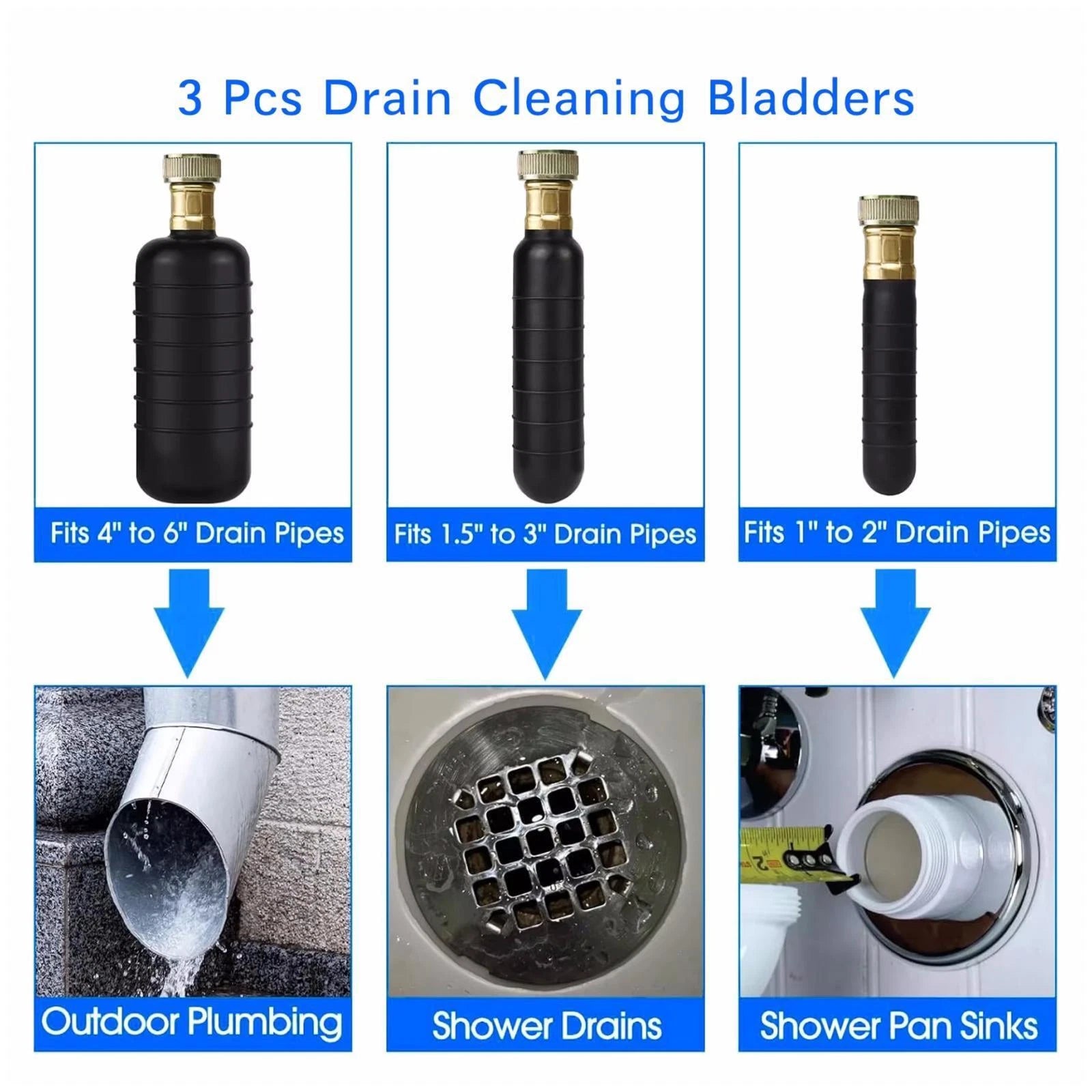 3 Rubber Bladders Drain Cleaning Kit for 1-6 Inch Pipes