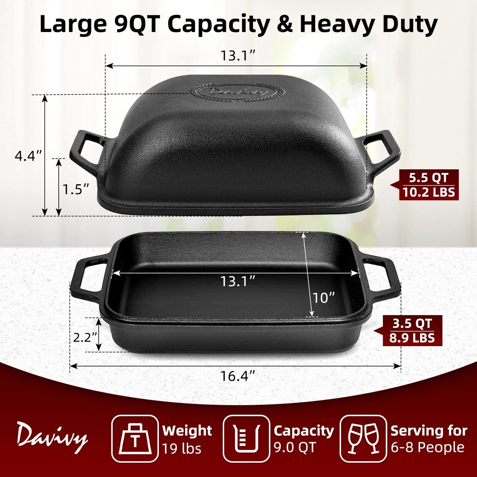 9Qt Cast Iron Dutch Oven with Lid for Bread Baking