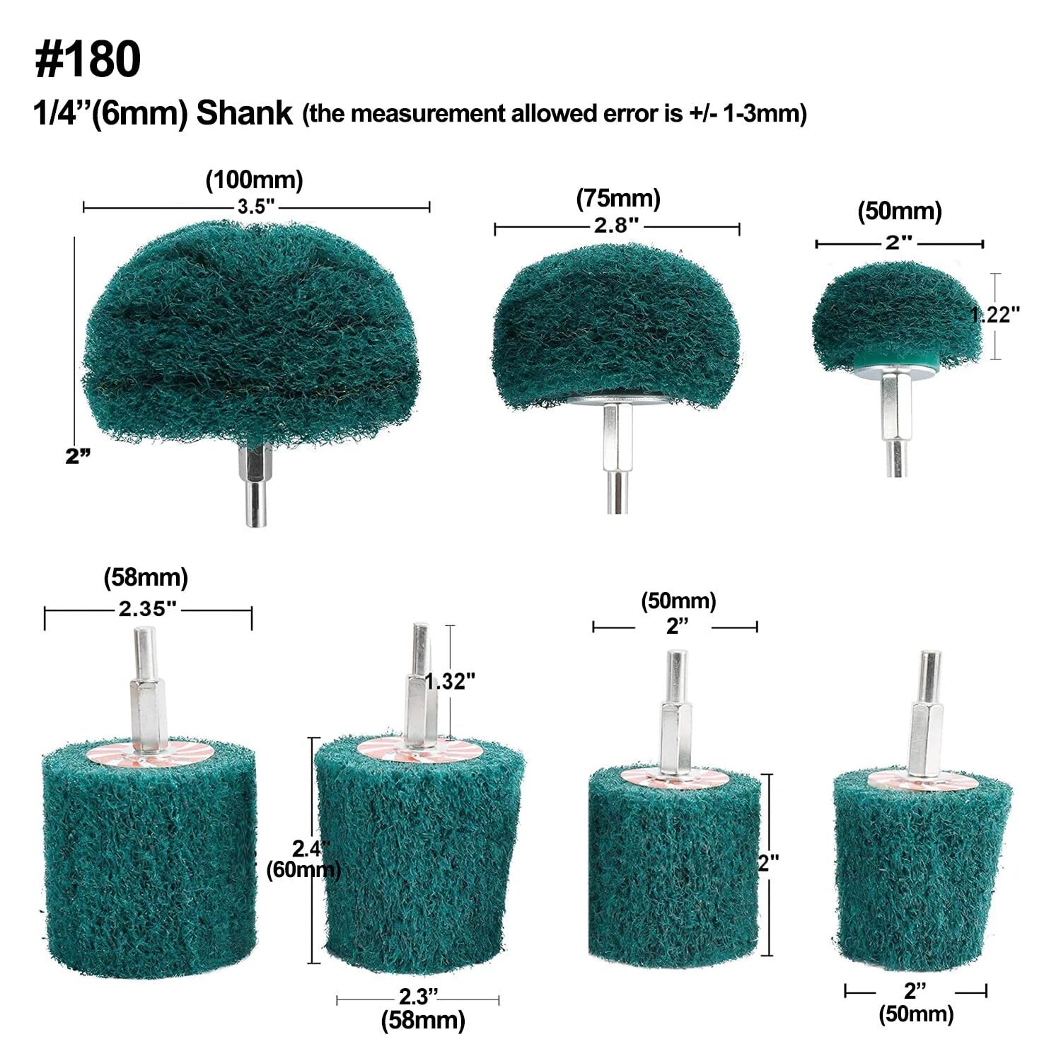 Set of 7 Non-Woven Abrasive Buffing Wheels 180 Grit 1/4" Shank